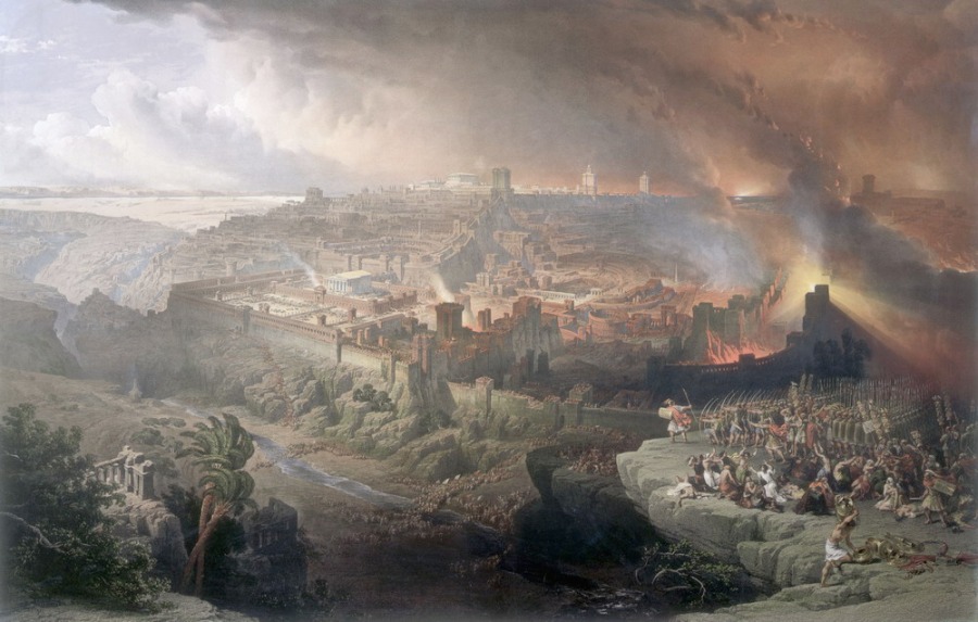The destruction of Jerusalem by the Romans in 70AD -- a painting by David Roberts (1796-1849).